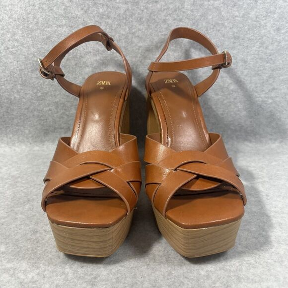 Zara‎ Block Leather Platform Women's 8 US /39 EU Wide Heels Ankle Buckle Strap - Picture 4 of 15